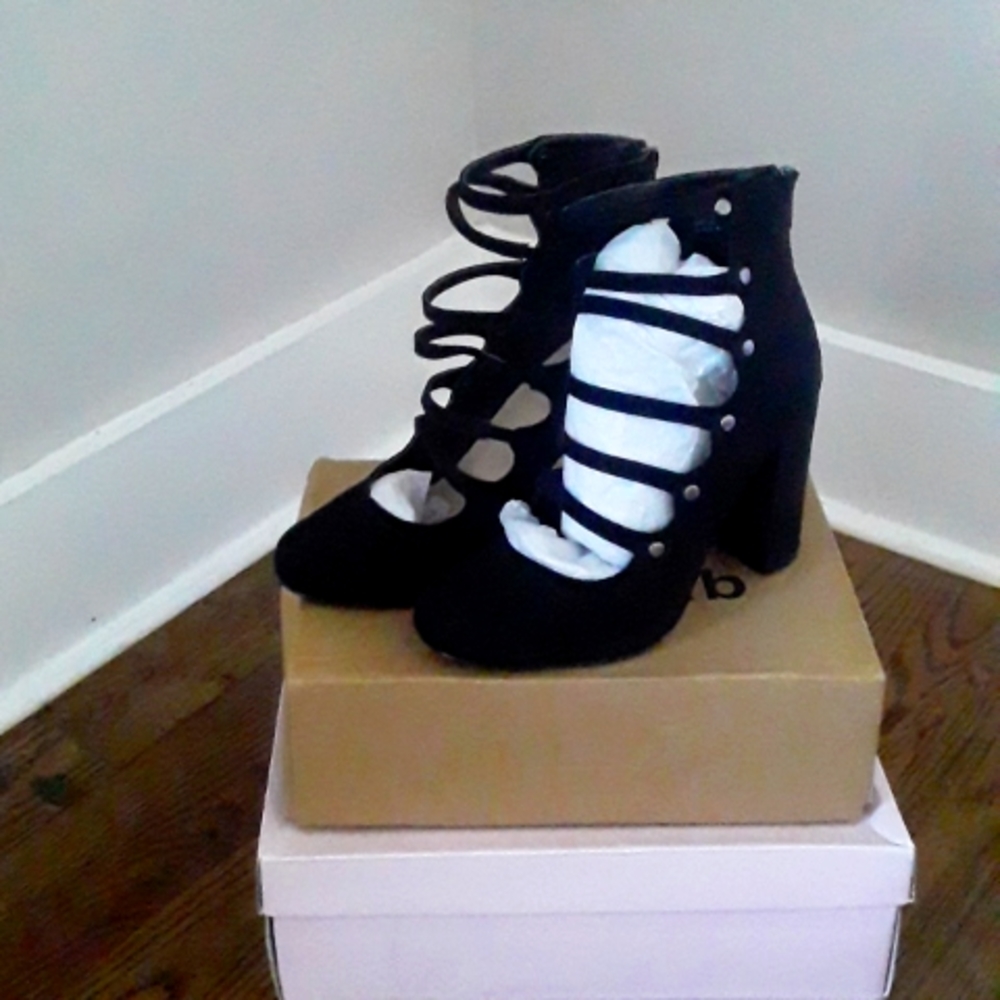 Black strappy feax suede bootie